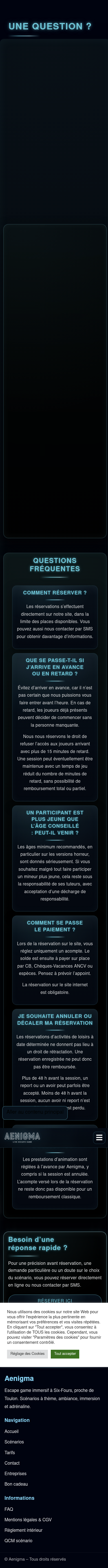 Page FAQ Aenigma en mobile, légèrement plus large que l'écran