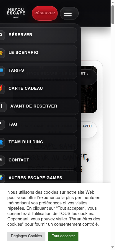 Menu mobile Heyou Escape ouvert avec succès