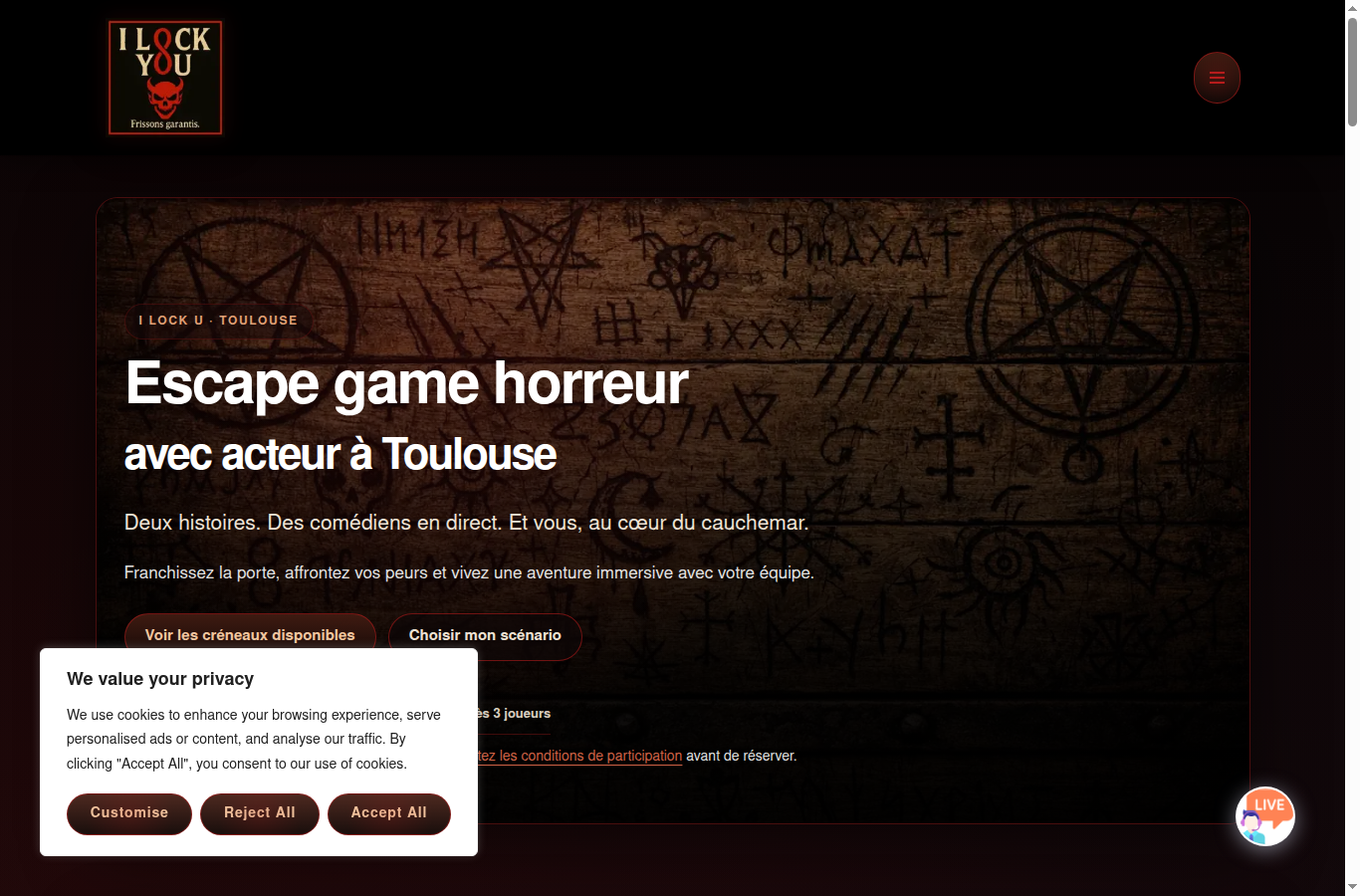 Page d'accueil I LOCK U avec bandeau de cookies en anglais
